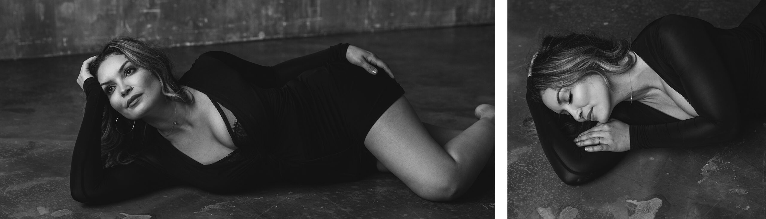 Zwei Bilder einer Frau die in einem Bodycondress auf dem Boden liegt und für ein Boudoir Fotoshooting posiert